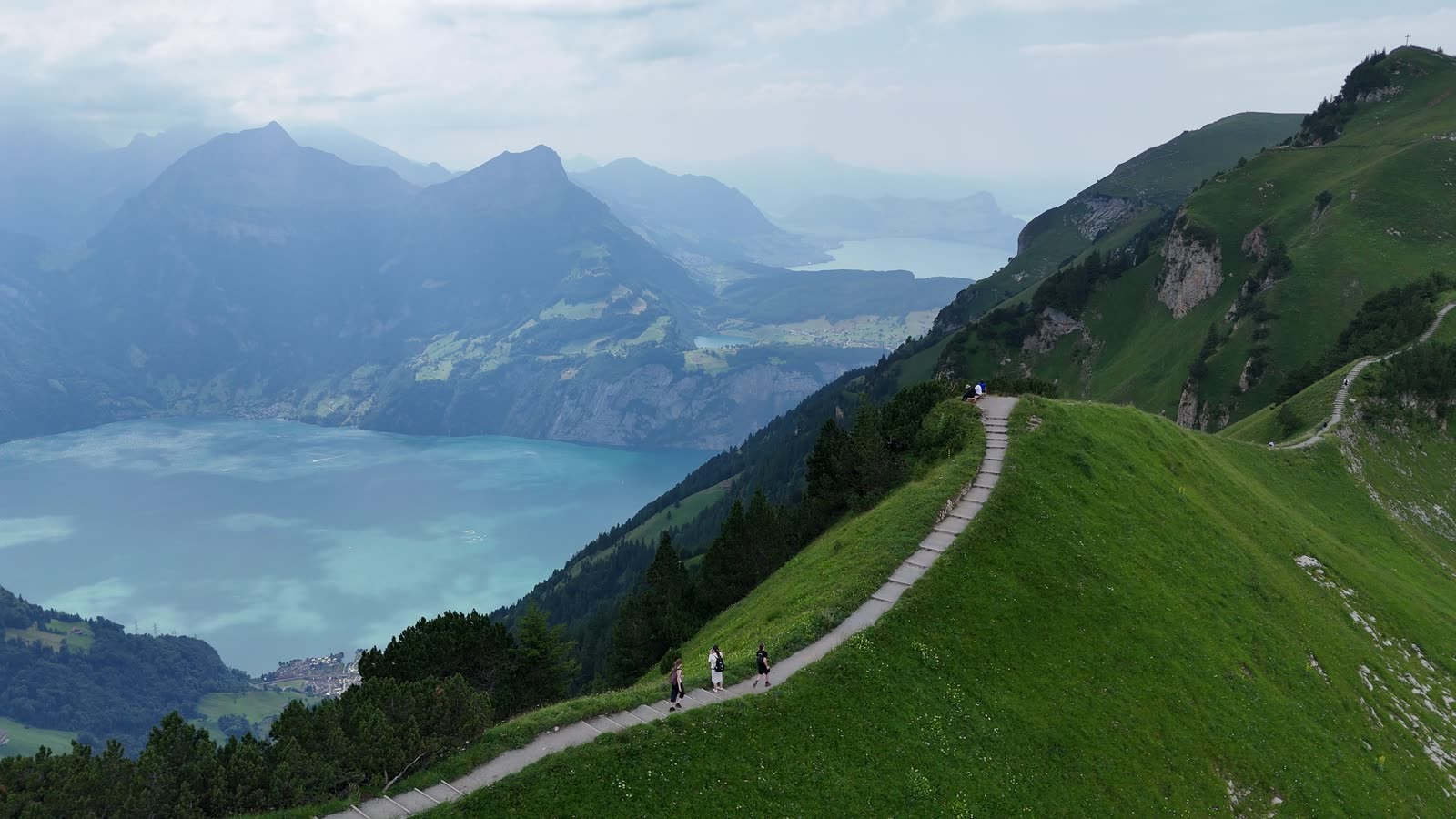 Aerial drone view of a Swiss valley at golden hour