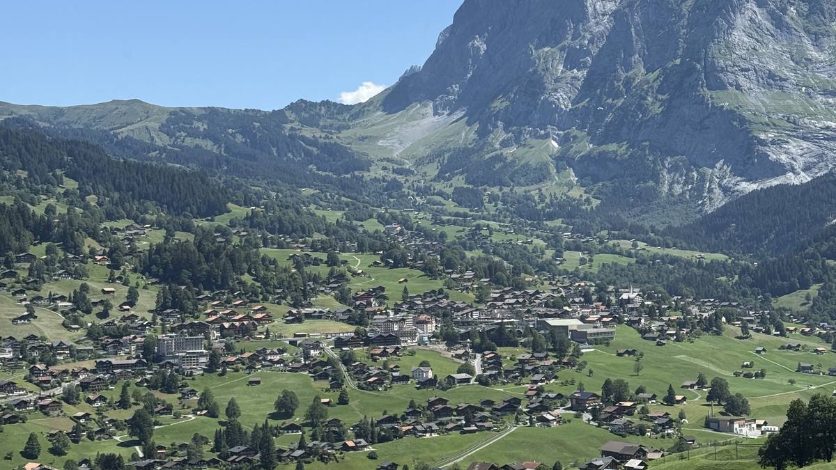 The village of Grindelwald spread across its green valley below the Wetterhorn