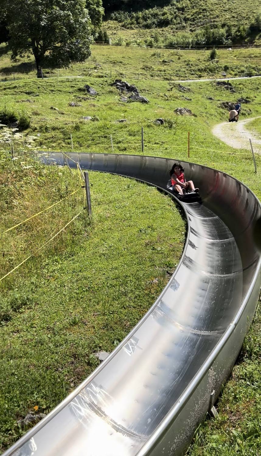 The steel toboggan run curving down the meadow at Pfingstegg above Grindelwald