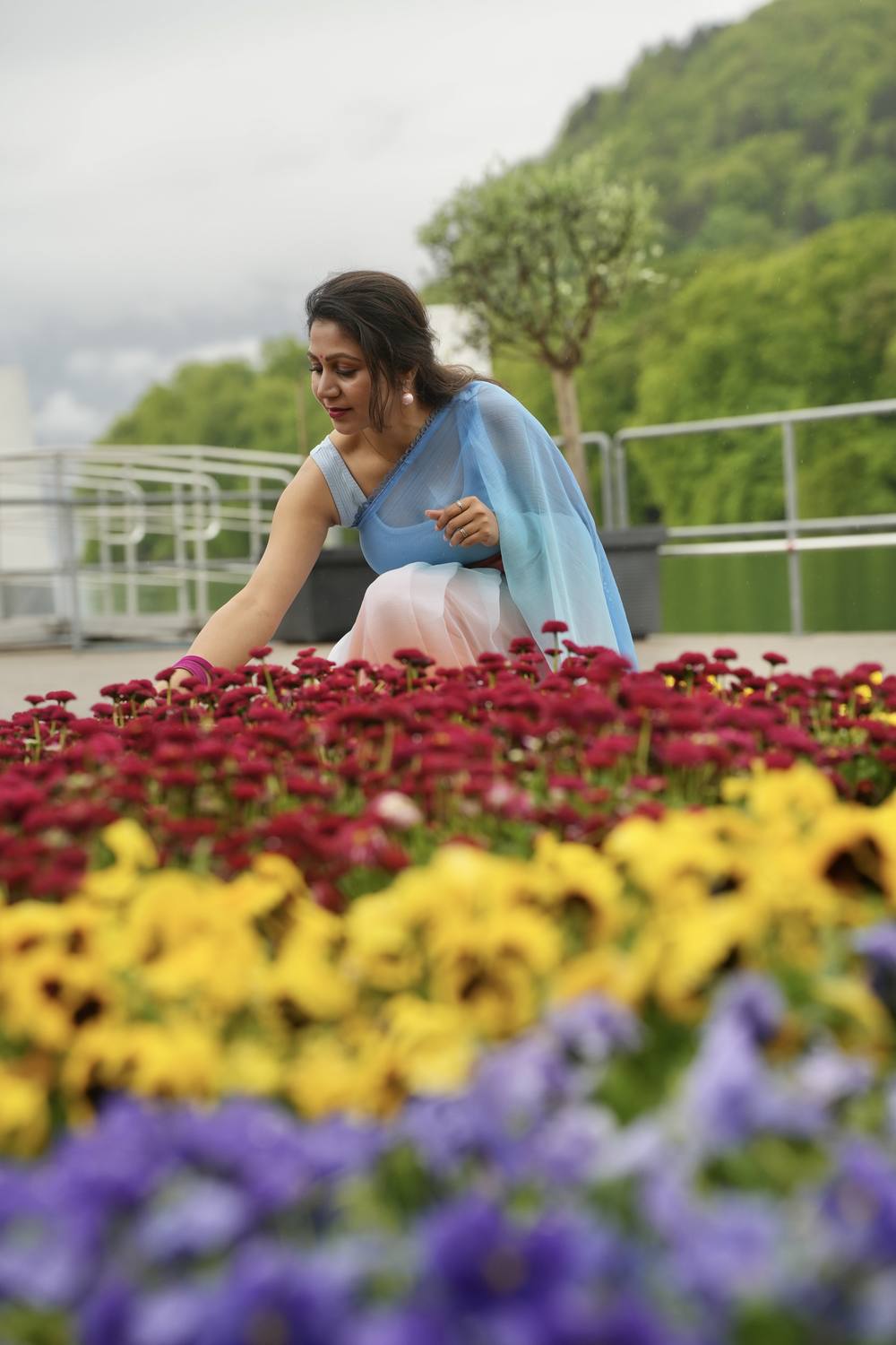 A guest in a blue sari beside a flowerbed on the shore of Lake Thun