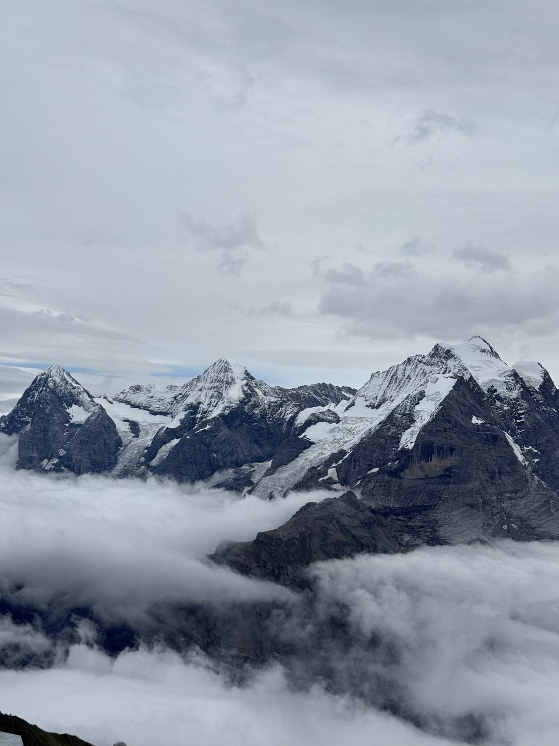 Eiger, Mönch and Jungfrau rising above a sea of cloud, seen from the Schilthorn