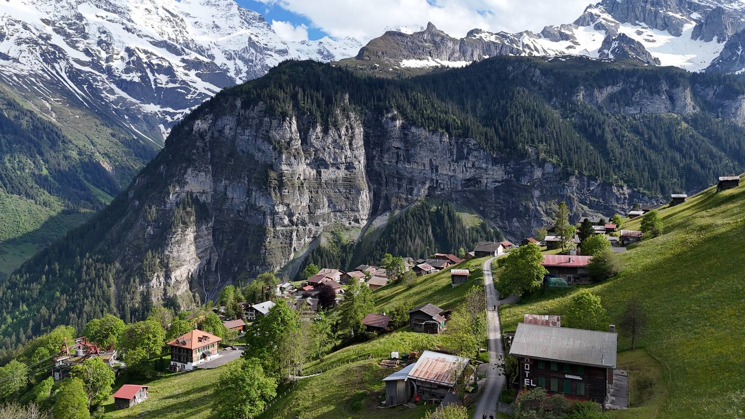 The car-free village of Gimmelwald on its terrace high above the Lauterbrunnen valley