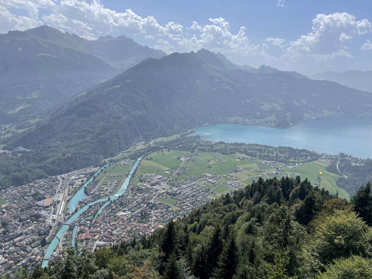 Interlaken on its strip between Lake Thun and Lake Brienz, seen from the Harder Kulm