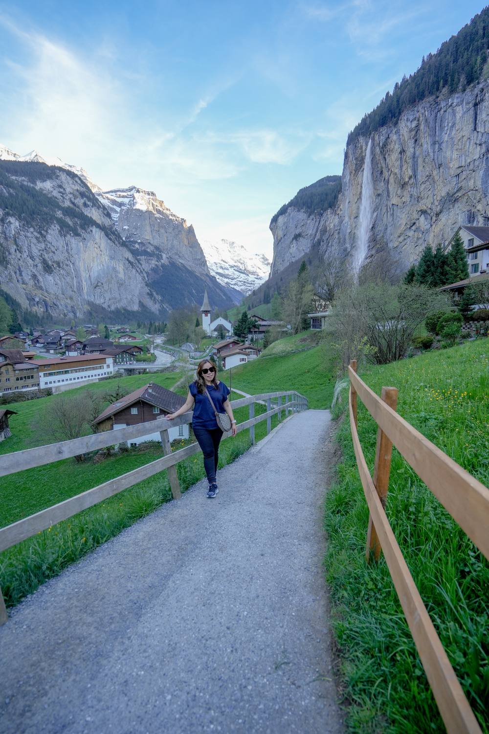 The Lauterbrunnen valley seen from the path above the village, with the Staubbach Falls on the right