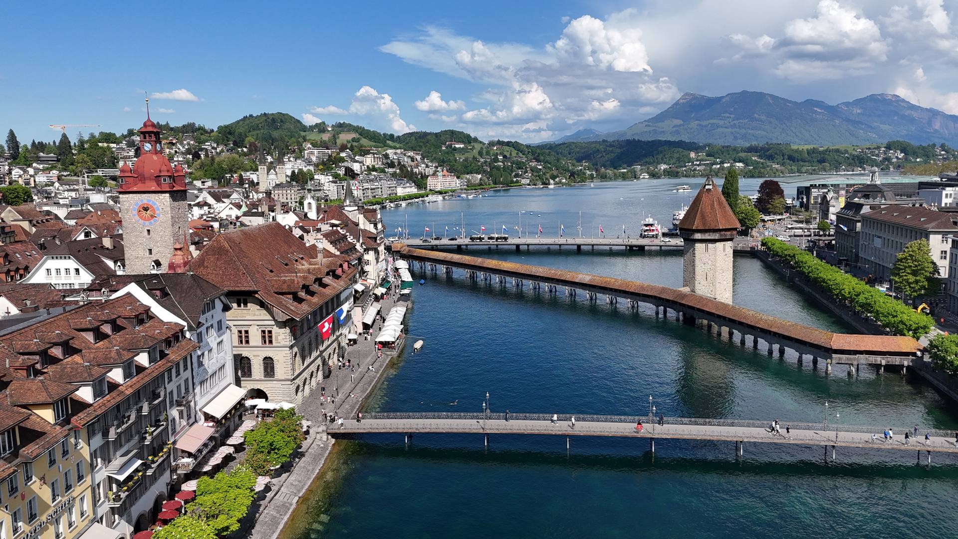 The Chapel Bridge and its octagonal Water Tower crossing the Reuss in Lucerne, seen from above