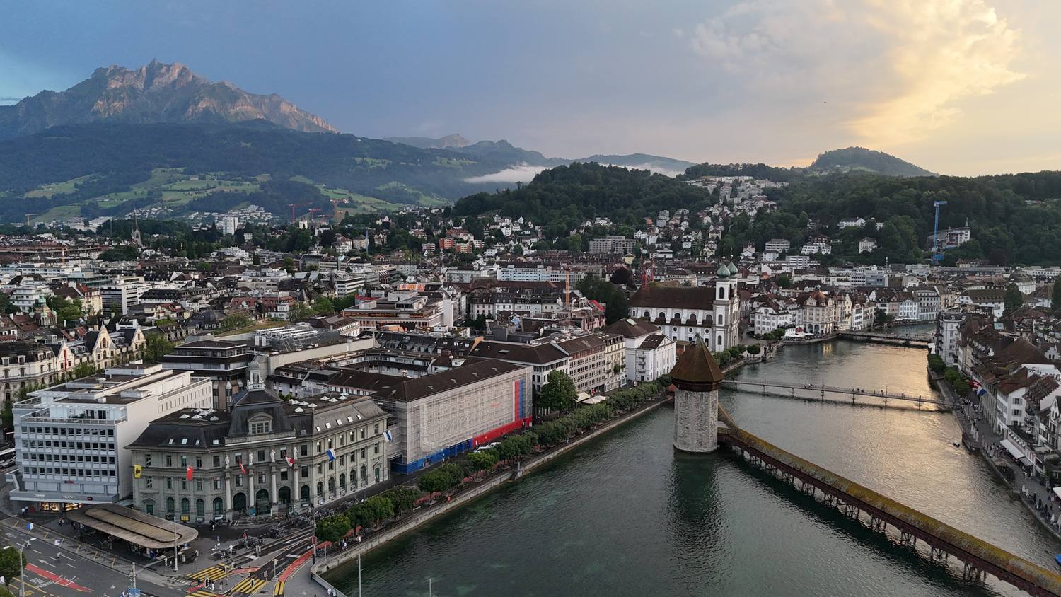 Lucerne and the Reuss in the evening light, with Mount Pilatus behind the town