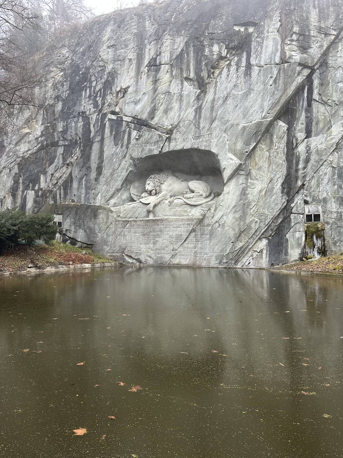 The Lion Monument in Lucerne, carved into the rock face above its still pond