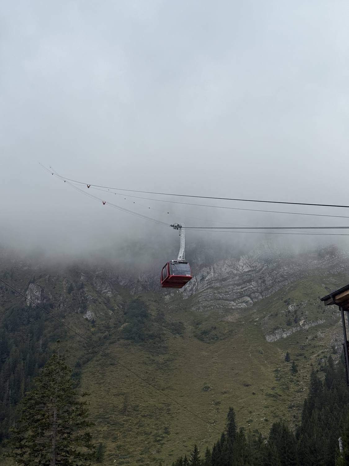 A red Pilatus gondola emerging from the fog on its way up the mountain