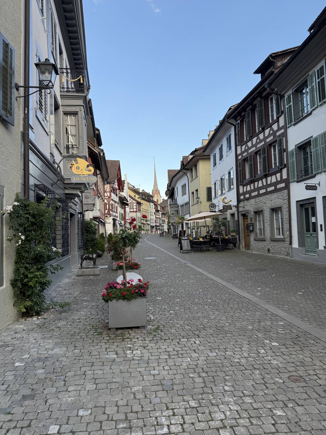 A cobbled lane in Stein am Rhein between half-timbered houses