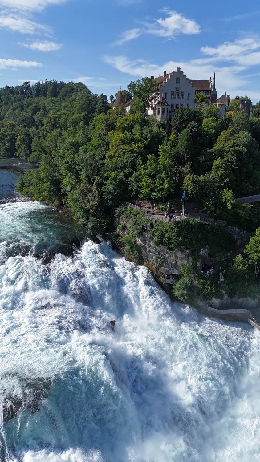 Schloss Laufen on its wooded rock directly above the Rhine Falls, seen from the air