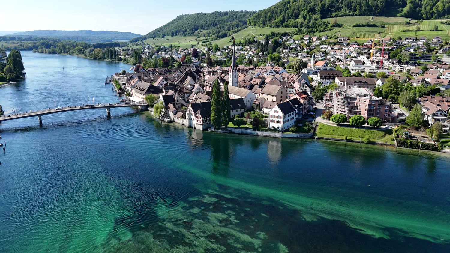 The old town of Stein am Rhein on the bank of the Rhine, seen from above the river