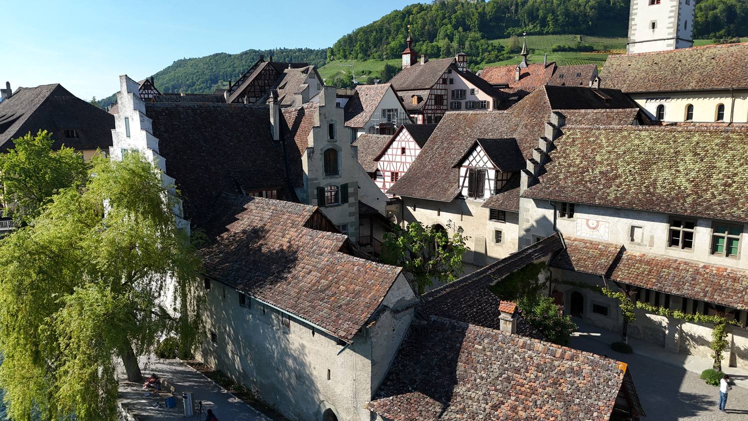 The tiled roofs and painted gables of the old town of Stein am Rhein