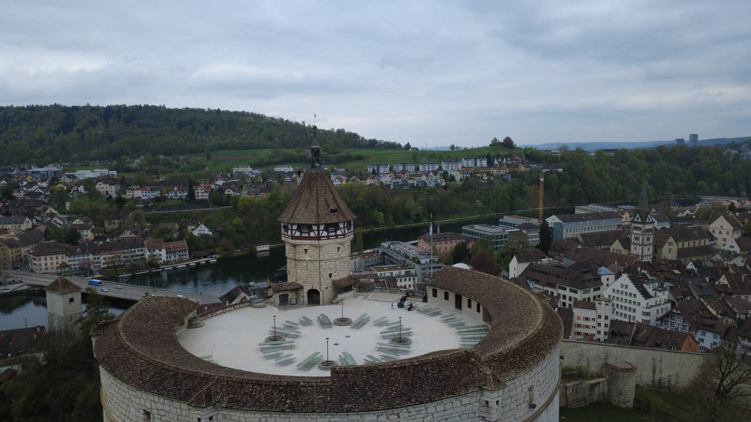 The round Munot fortress above the old town of Schaffhausen, seen from the air