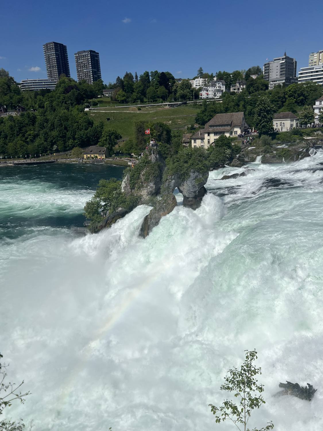 The Rhine Falls crashing past the central rock, with a faint rainbow in the spray