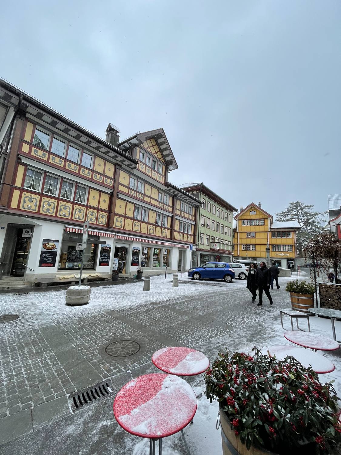 The main street of Appenzell with its colourful gables after fresh snow