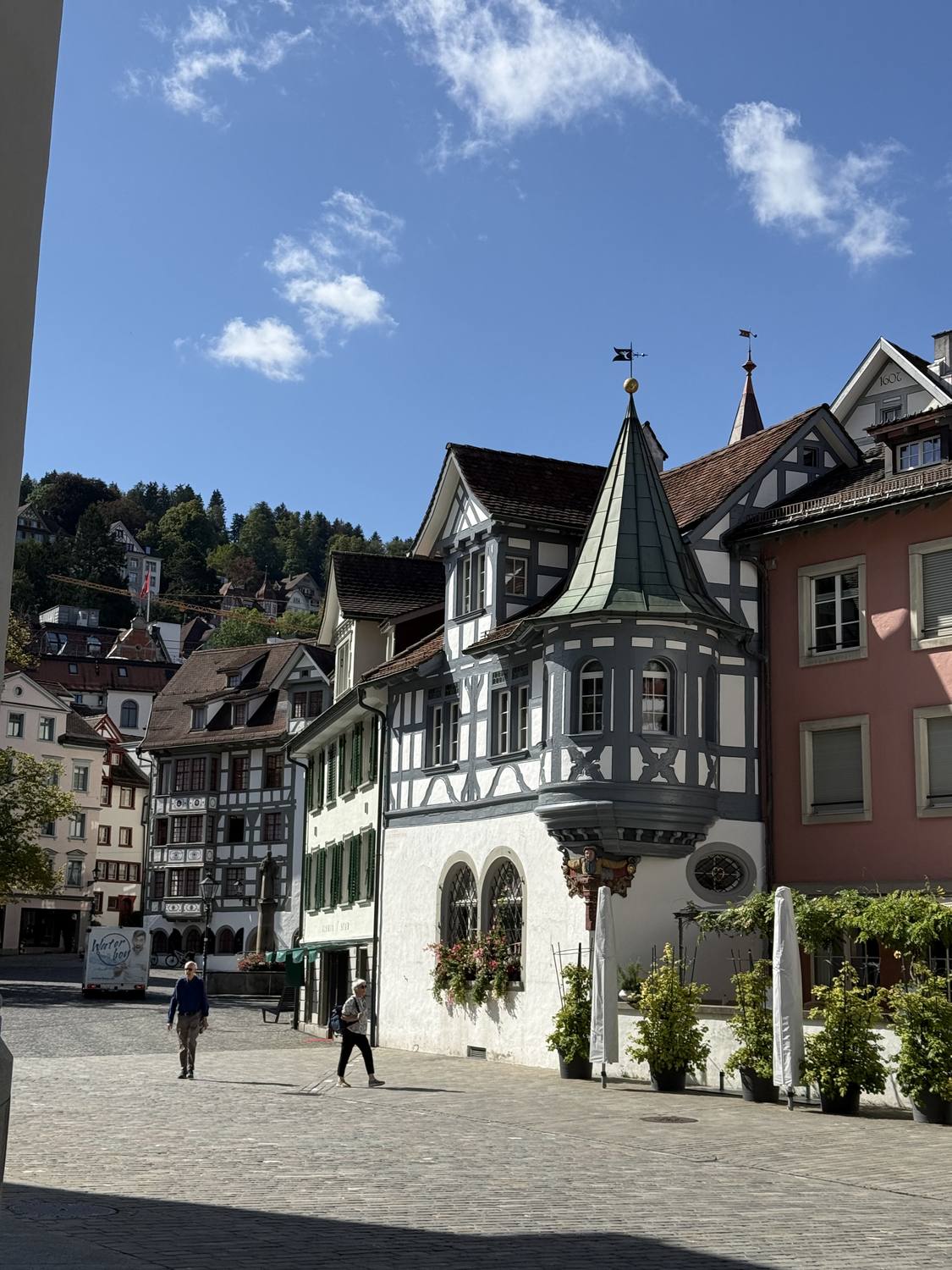 A carved corner oriel on a half-timbered house in the old town of St. Gallen