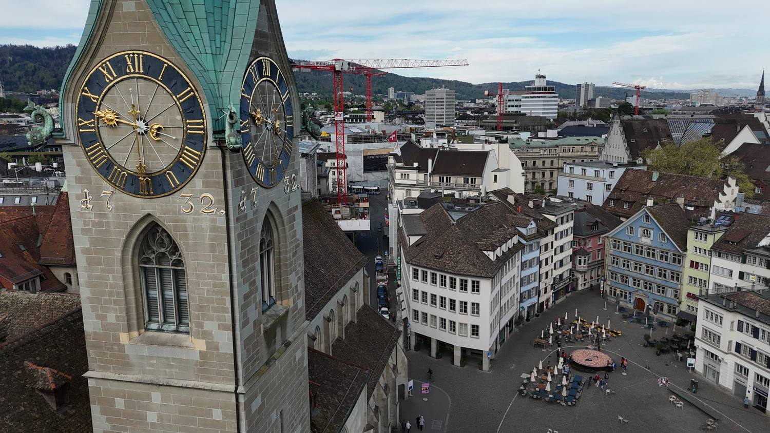 The Fraumünster church tower and Münsterhof square in Zurich