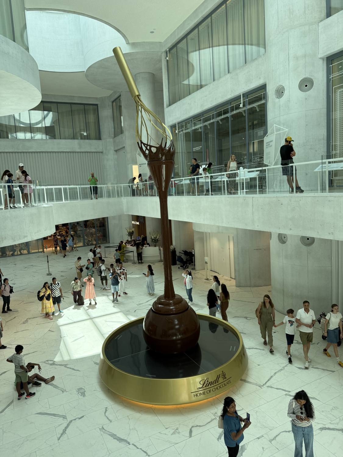 The giant chocolate fountain in the atrium of Lindt Home of Chocolate near Zurich