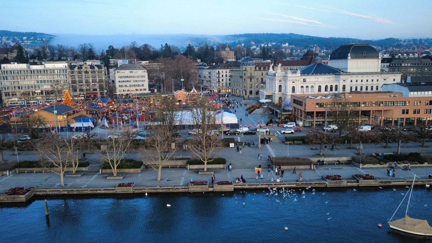 The Opera House and Sechseläutenplatz in Zurich seen from the air