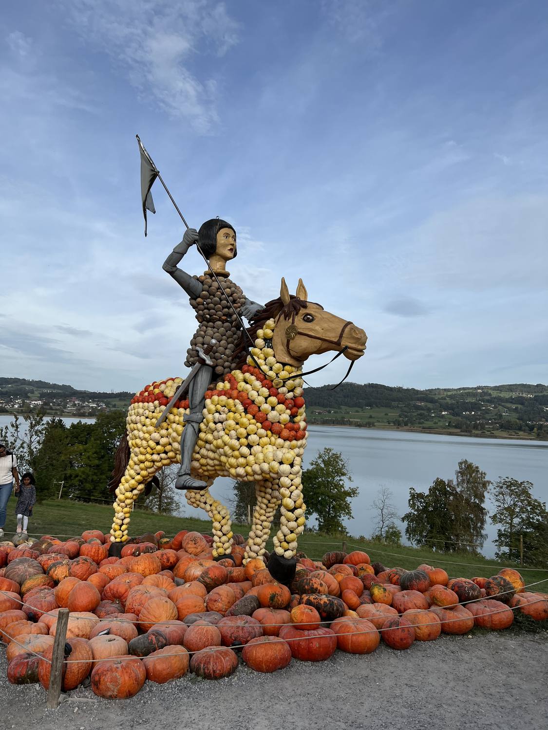 A horse and rider built from pumpkins at the Juckerfarm near Zurich
